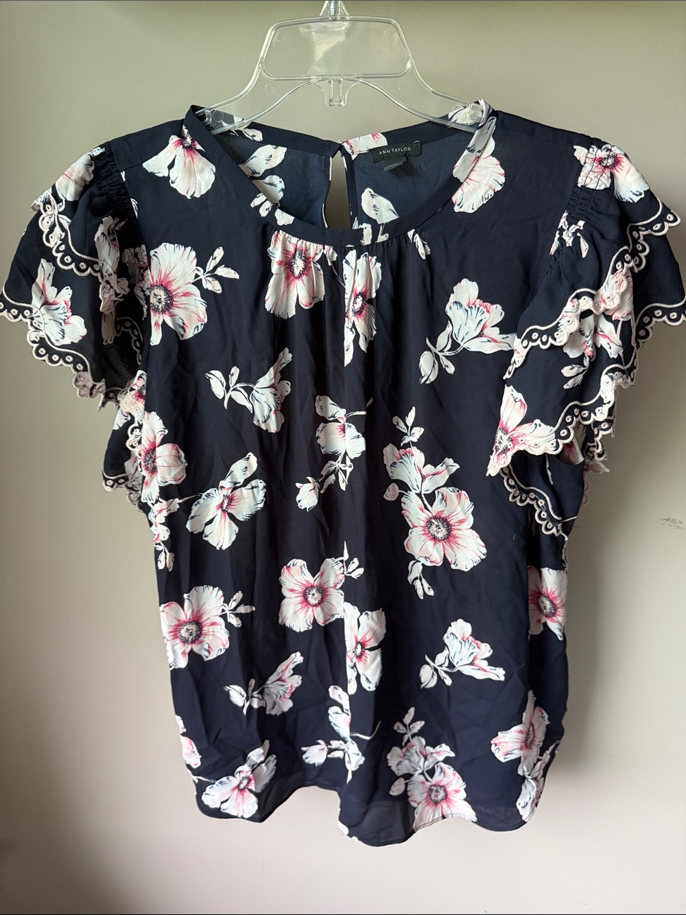 LOFT Navy Floral Flutter-Sleeve Blouse with Pink Accents